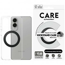„CARE by PanzerGlass“ su juodu stovu ir QI dėklu, skirtu „Samsung Galaxy S25 Edge“ – permatomas