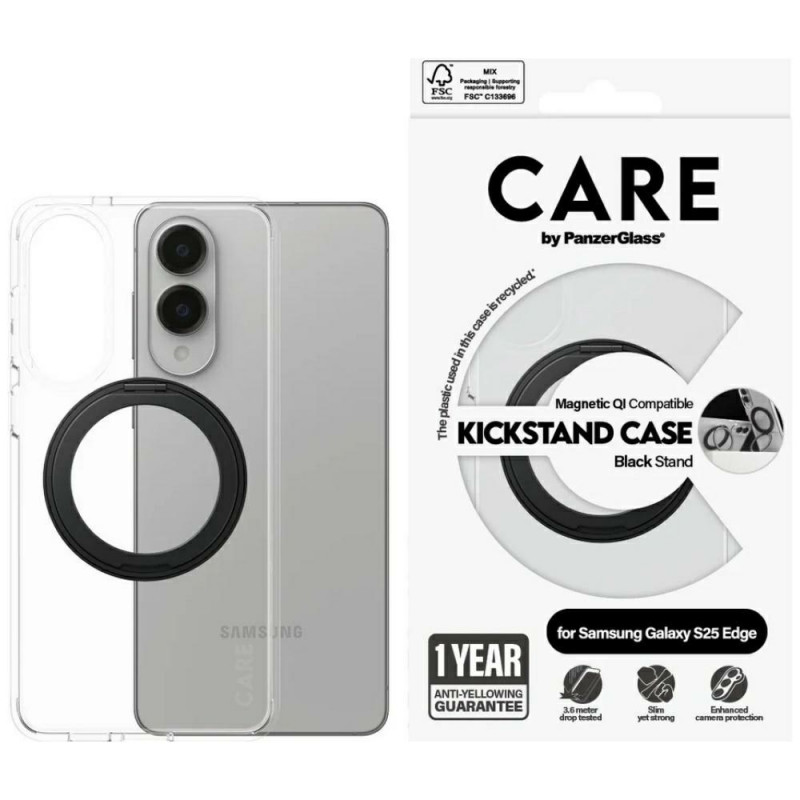 „CARE by PanzerGlass“ su juodu stovu ir QI dėklu, skirtu „Samsung Galaxy S25 Edge“ – permatomas