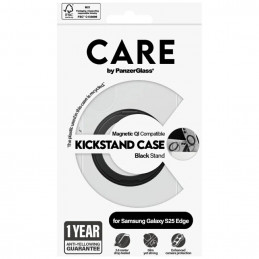 „CARE by PanzerGlass“ su juodu stovu ir QI dėklu, skirtu „Samsung Galaxy S25 Edge“ – permatomas