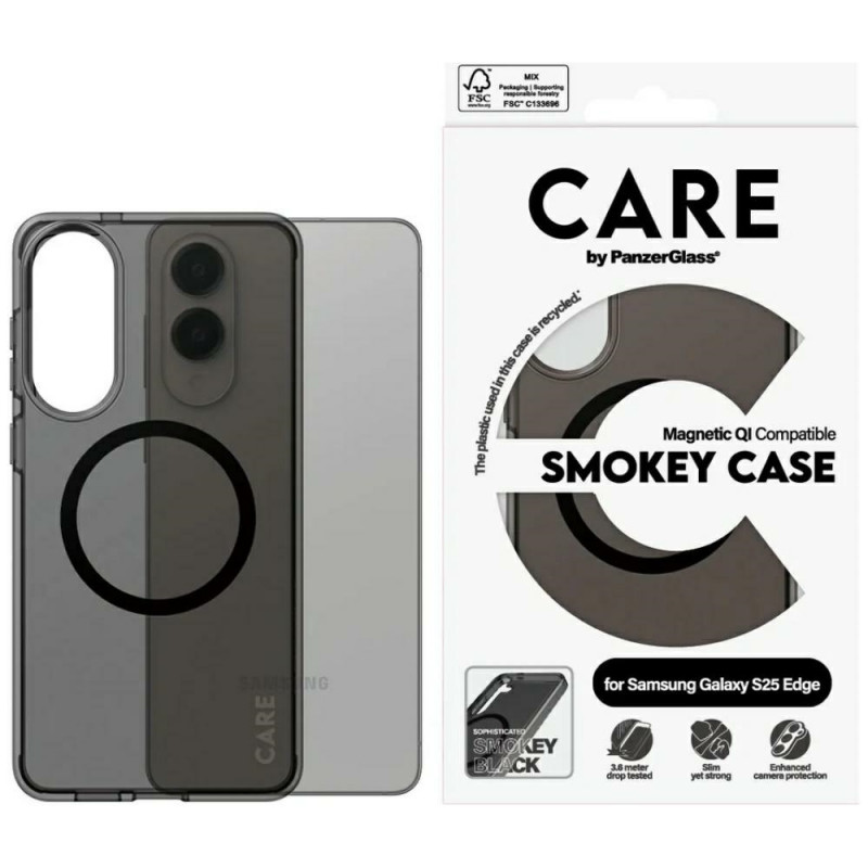 „CARE by PanzerGlass Flagship Urban Combat“ juodas QI dėklas, skirtas „Samsung Galaxy S25 Edge“ – pusiau permatomas