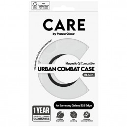„CARE by PanzerGlass Flagship Urban Combat“ juodas QI dėklas, skirtas „Samsung Galaxy S25 Edge“ – skaidrus