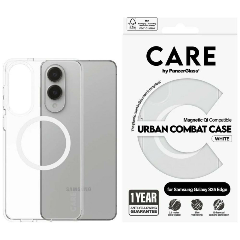 „CARE by PanzerGlass Flagship Urban Combat White QI“ dėklas, skirtas „Samsung Galaxy S25 Edge“ – skaidrus
