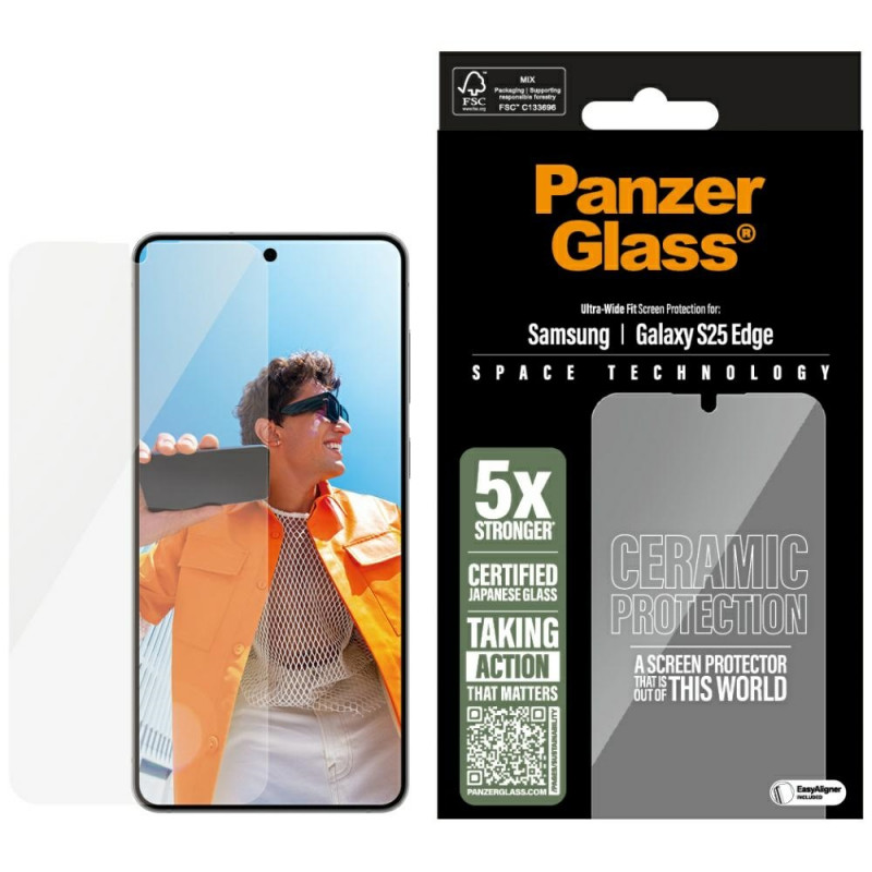 „PanzerGlass“ itin plataus diametro keraminis stiklas, skirtas „Samsung Galaxy S25 Edge“ – skaidrus