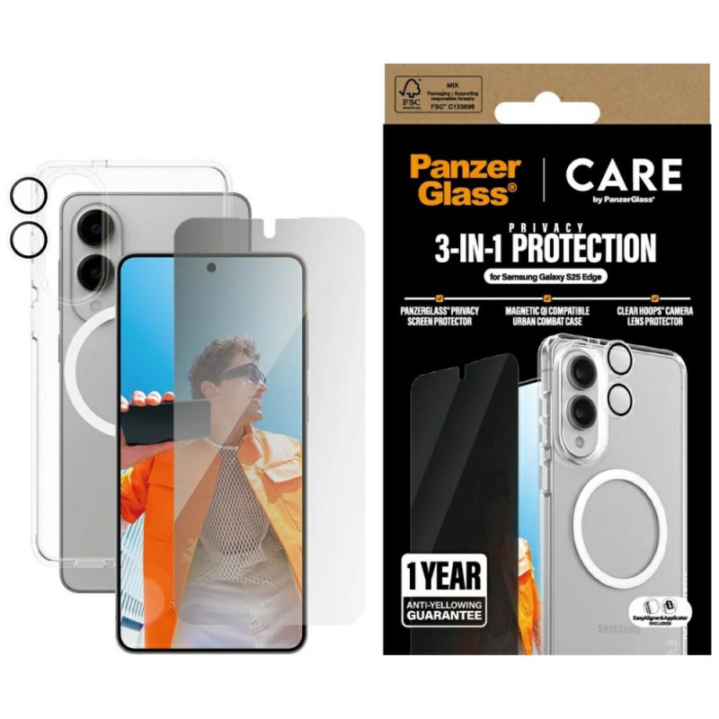 „CARE by PanzerGlass“ flagmaninis 3in1 dėklas + privatumo stiklas + objektyvas, skirtas „Samsung Galaxy S25 Edge“ – skai...