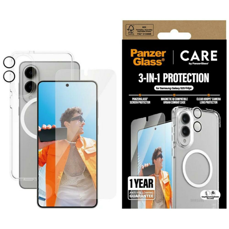 „CARE by PanzerGlass“ flagmaninis 3in1 dėklas + stiklas + objektyvas, skirtas „Samsung Galaxy S25 Edge“ – skaidrus
