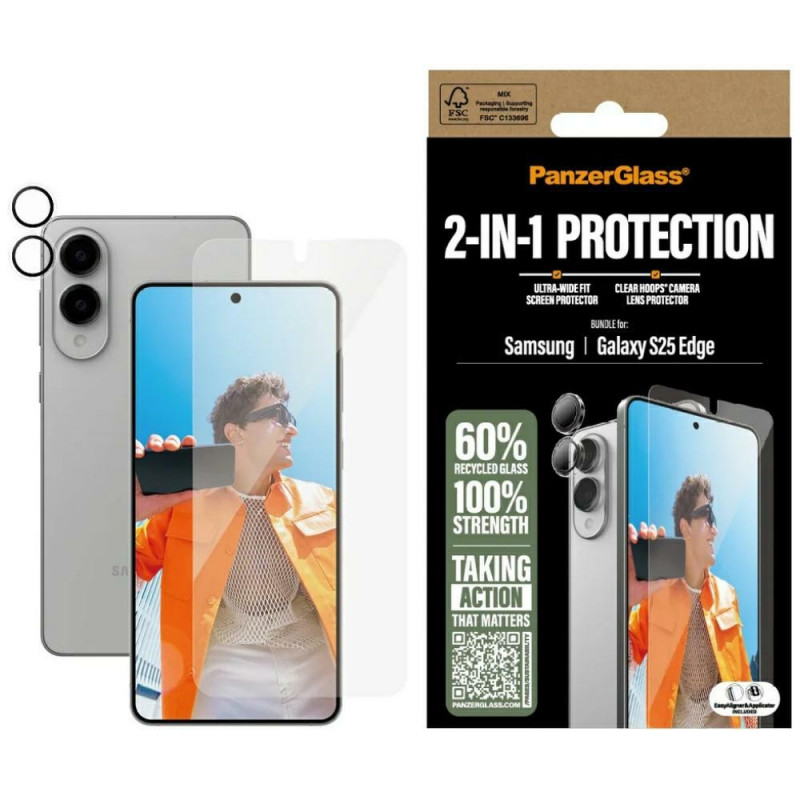 „PanzerGlass Hoops+UWF 2in1“ apsauginis stiklas ir objektyvas, skirtas „Samsung Galaxy S25 Edge“ – skaidrus