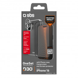 SBS rinkinys su D3O technologija, skirtas „iPhone 16“ – dėklas + ekrano ir kameros apsauginis stiklas – skaidrus