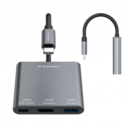 „Wozinsky WHCH-01“ USB-C šakotuvas PD 100W HDMI 4K@30Hz USB-A 10Gbps - pilkas