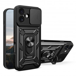 „Hybrid Armor Camshield“ iPhone 17 dėklas su stovu ir kameros dangteliu – juodas