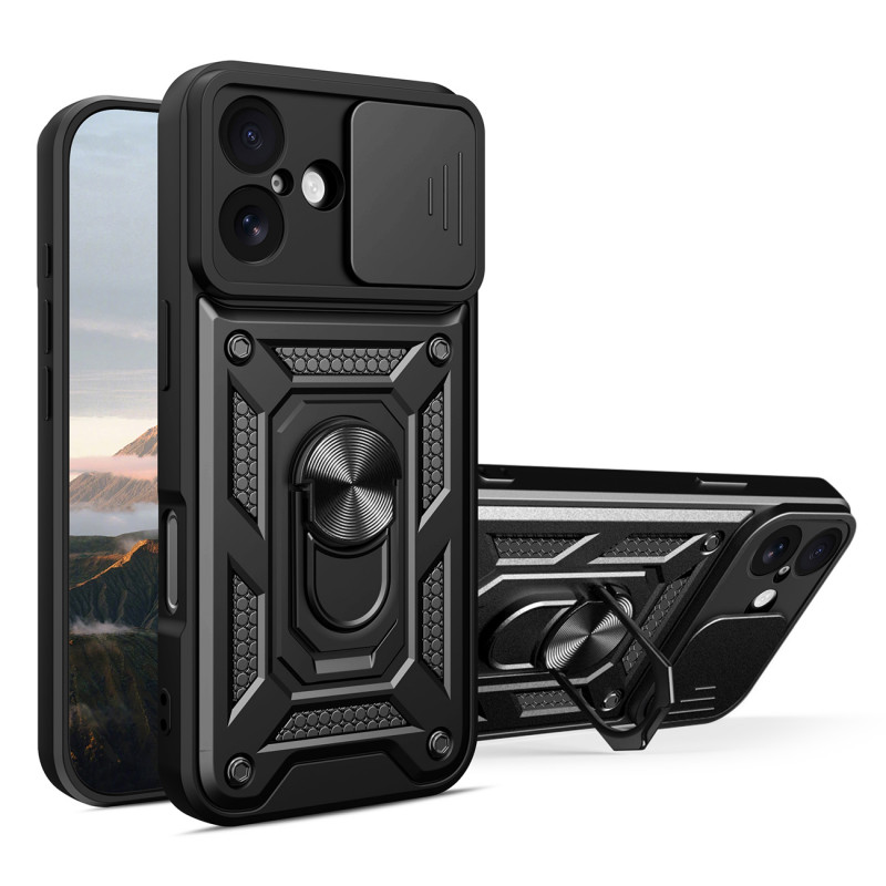 „Hybrid Armor Camshield“ iPhone 17 dėklas su stovu ir kameros dangteliu – juodas