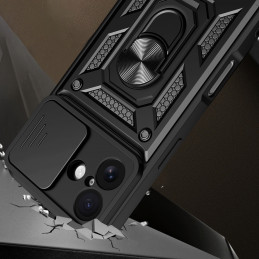 „Hybrid Armor Camshield“ iPhone 17 dėklas su stovu ir kameros dangteliu – juodas