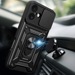 „Hybrid Armor Camshield“ iPhone 17 dėklas su stovu ir kameros dangteliu – juodas