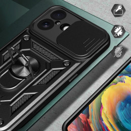 „Hybrid Armor Camshield“ iPhone 17 dėklas su stovu ir kameros dangteliu – juodas