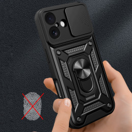 „Hybrid Armor Camshield“ iPhone 17 dėklas su stovu ir kameros dangteliu – juodas