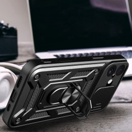 „Hybrid Armor Camshield“ iPhone 17 dėklas su stovu ir kameros dangteliu – juodas