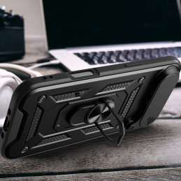 „Hybrid Armor Camshield“ „iPhone 17 Air“ dėklas su stovu ir kameros dangteliu – juodas