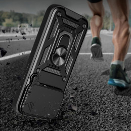„Hybrid Armor Camshield“ „iPhone 17 Pro“ dėklas su stovu ir kameros dangteliu – juodas