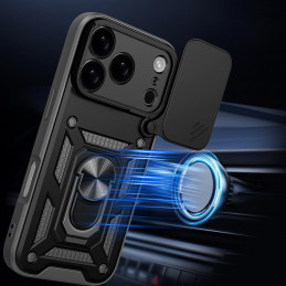 „Hybrid Armor Camshield“ „iPhone 17 Pro“ dėklas su stovu ir kameros dangteliu – juodas