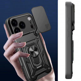 „Hybrid Armor Camshield“ „iPhone 17 Pro“ dėklas su stovu ir kameros dangteliu – juodas