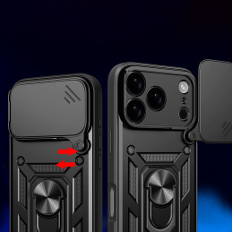 „Hybrid Armor Camshield“ „iPhone 17 Pro“ dėklas su stovu ir kameros dangteliu – juodas