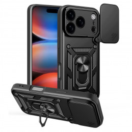 „Hybrid Armor Camshield“ dėklas, skirtas „iPhone 17 Pro Max“ su stovu ir kameros dangteliu – juodas