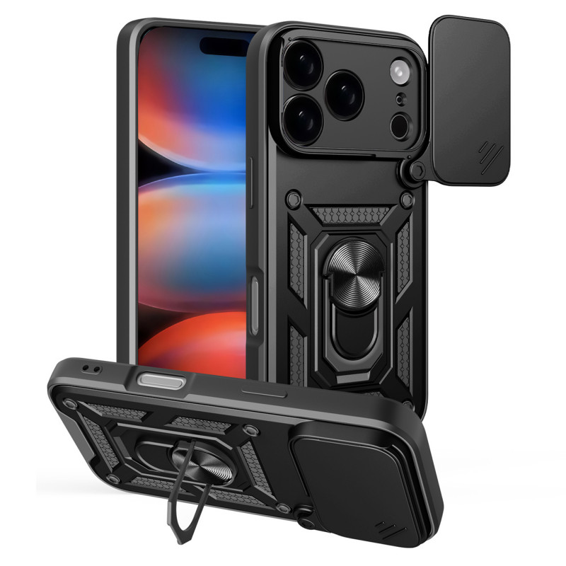 „Hybrid Armor Camshield“ dėklas, skirtas „iPhone 17 Pro Max“ su stovu ir kameros dangteliu – juodas