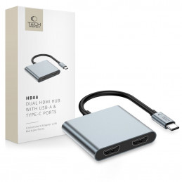 „Tech-Protect HB08 4in1“ USB-C + USB2.0 + 2 x HDMI 4K 60HZ adapteris – pilkas