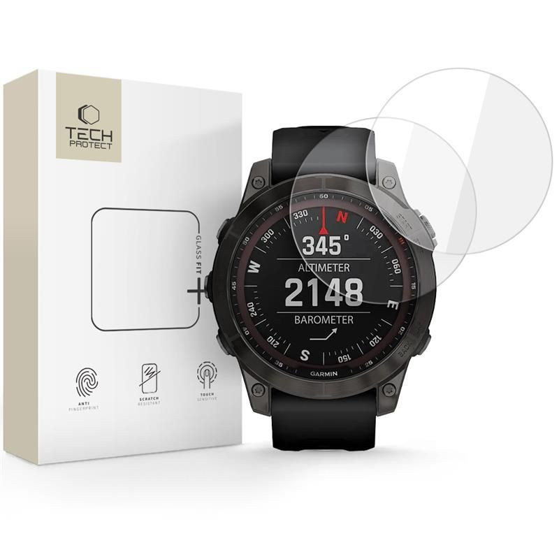 „Tech-Protect Glass Fit+“ 2 grūdintų stiklų pakuotė, skirta „Garmin Fenix 7 / 7 Pro“ - skaidrūs