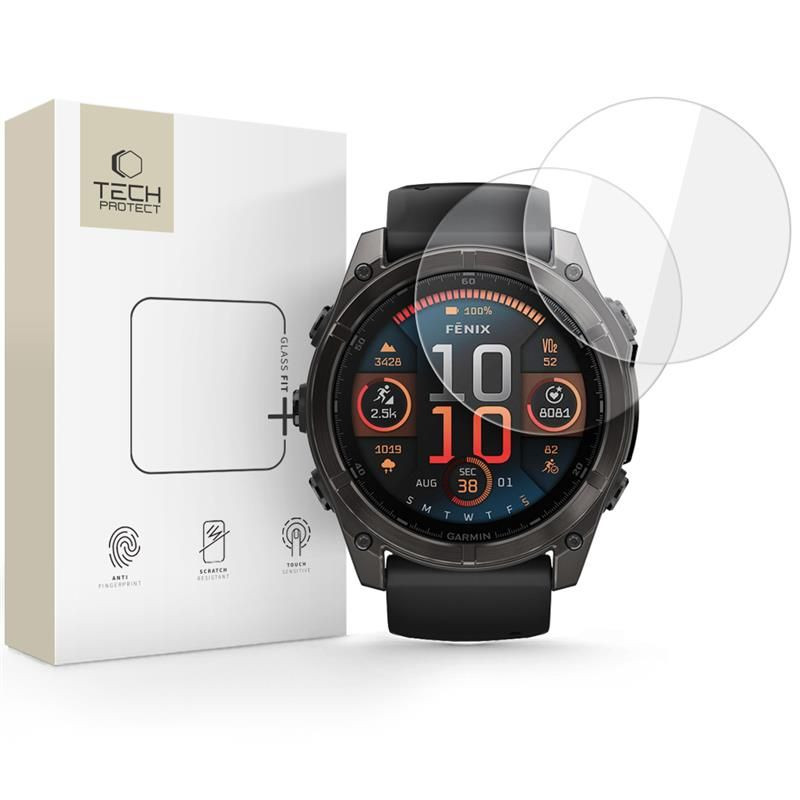 „Tech-Protect Glass Fit+“ 2 grūdintų stiklų pakuotė, skirta „Garmin Fenix 8 51mm“ – skaidrūs