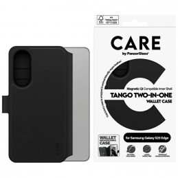 „CARE by PanzerGlass Feature Tango 2in1“ piniginės tipo Qi dėklas, skirtas „Samsung Galaxy S25 Edge“ – juodas