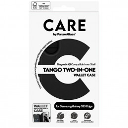 „CARE by PanzerGlass Feature Tango 2in1“ piniginės tipo Qi dėklas, skirtas „Samsung Galaxy S25 Edge“ – juodas