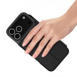 „Dux Ducis Skin Pro“ dėklas, skirtas „iPhone 17 Pro Max“ su atlenkimu ir kortelių lizdu – juodas