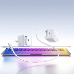 „Joyroom JR-TCL06“ 67 W „GaN“ sieninis įkroviklis su integruotu ištraukiamu USB-C laidu – baltas