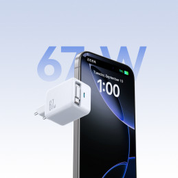 „Joyroom JR-TCL06“ 67 W „GaN“ sieninis įkroviklis su integruotu ištraukiamu USB-C laidu – baltas
