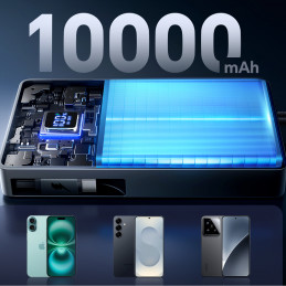 „Joyroom JR-PR1“ 10000mAh 22,5W išorinė baterija su integruotu ištraukiamu USB-C laidu – juoda