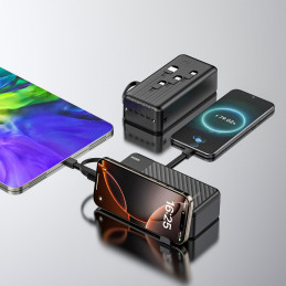 „Dudao K11 Max 30000mAh“ išorinė baterija su įmontuotais laidais – juoda