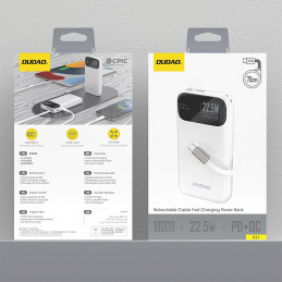 „Dudao K31“ 10000 mAh 22,5 W PD išorinė baterija su integruotu laidu – balta
