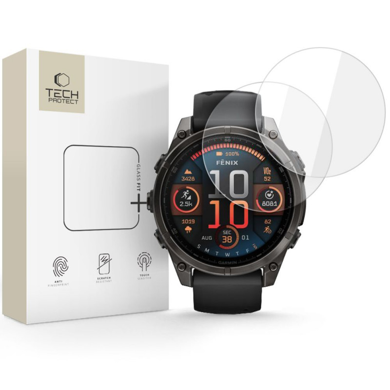 „Tech-Protect Glass Fit+“ 2 grūdintų stiklų pakuotė, skirta „Garmin Fenix 8“ 47 mm laikrodžiui – skaidrūs