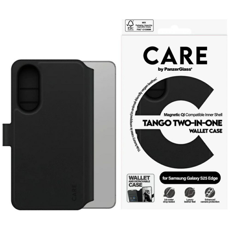 „CARE by PanzerGlass Feature Tango 2in1“ piniginės tipo Qi dėklas, skirtas „Samsung Galaxy S25 Edge“ – juodas