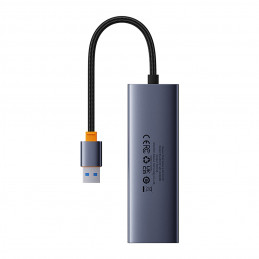 „Baseus UltraJoy 4in1“ USB-A šakotuvas, 3 x USB-A 3.0 + RJ45 – pilkas