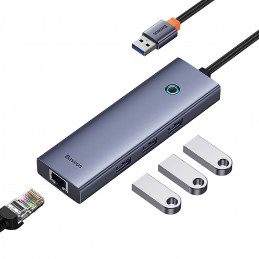 „Baseus UltraJoy 4in1“ USB-A šakotuvas, 3 x USB-A 3.0 + RJ45 – pilkas
