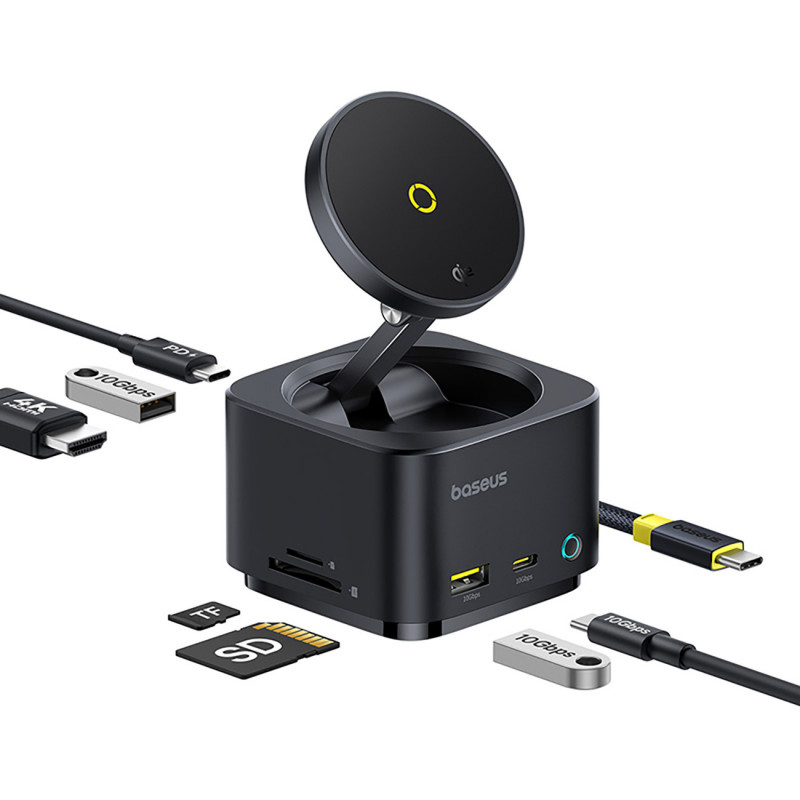 „Baseus MagPro Series II“ 7 viename USB-C šakotuvas su „MagSafe“ suderinamu įkrovikliu, 15 W + HDMI + USB-A + USB-C + SD...