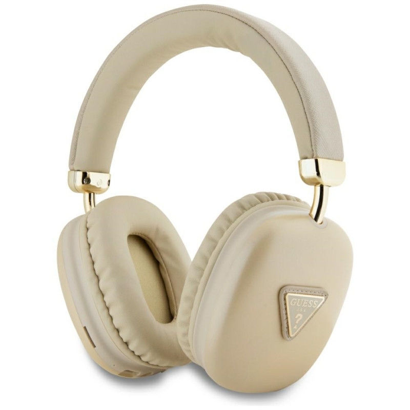 „Guess Bluetooth 5.3“ metalinio trikampio logotipo auksinės ausinės, uždedamos ant ausies.