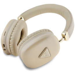 „Guess Bluetooth 5.3“ metalinio trikampio logotipo auksinės ausinės, uždedamos ant ausies.