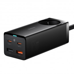 „Baseus GaN3 Pro 65W“ įkrovimo stotelė su USB-C ir USB-A jungtimis, 1 m ilgio ir 100 W ilgio laidu (juoda).