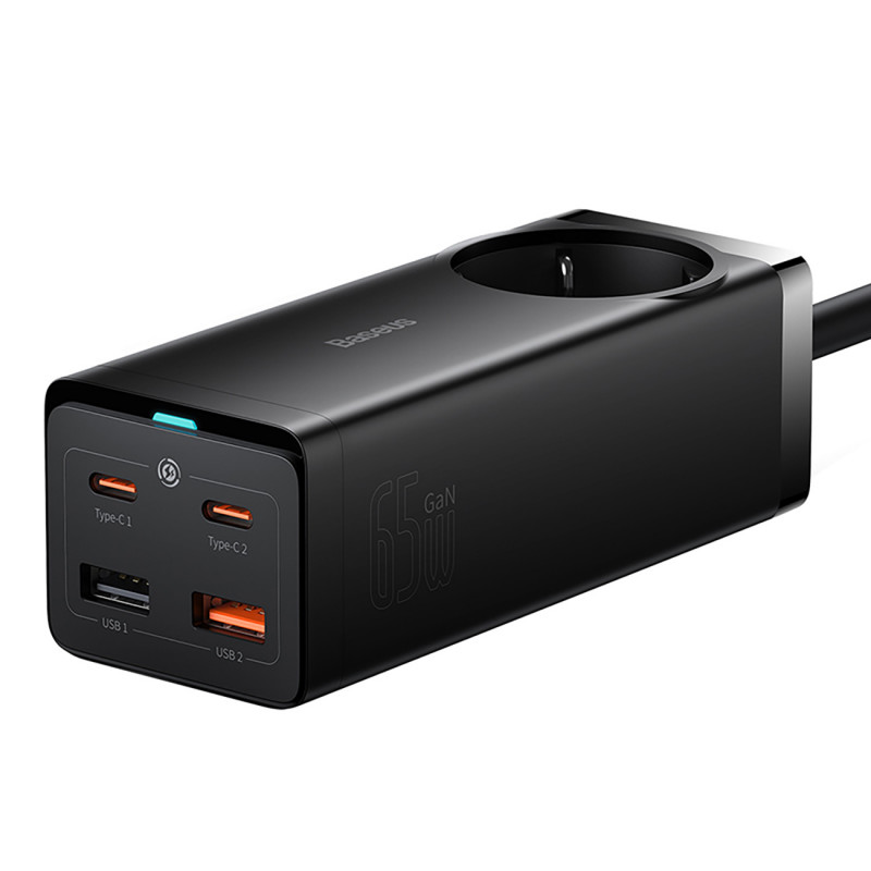 „Baseus GaN3 Pro 65W“ įkrovimo stotelė su USB-C ir USB-A jungtimis, 1 m ilgio ir 100 W ilgio laidu (juoda).