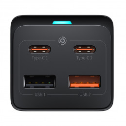 „Baseus GaN3 Pro 65W“ įkrovimo stotelė su USB-C ir USB-A jungtimis, 1 m ilgio ir 100 W ilgio laidu (juoda).
