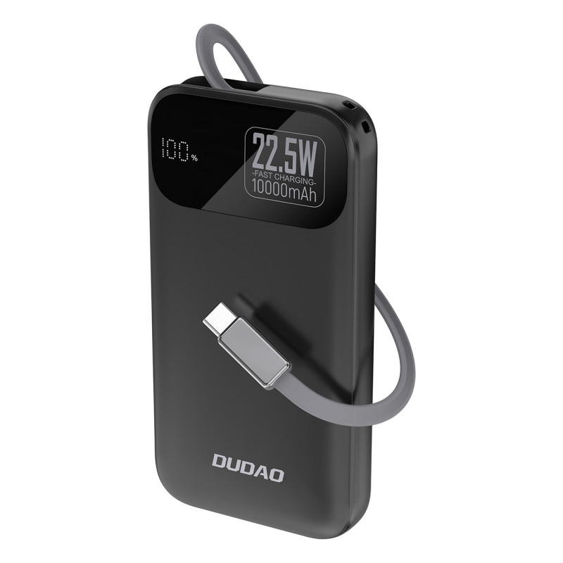 „Dudao K31“ 10000 mAh 22,5 W PD išorinė baterija su įmontuotu laidu – juoda