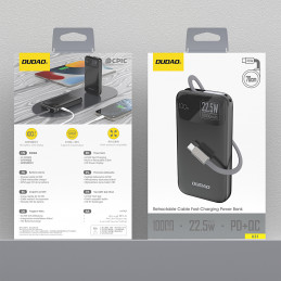 „Dudao K31“ 10000 mAh 22,5 W PD išorinė baterija su įmontuotu laidu – juoda