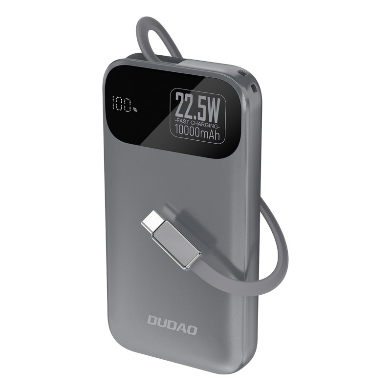 „Dudao K31“ 10000 mAh 22,5 W PD išorinė baterija su įmontuotu laidu – pilka